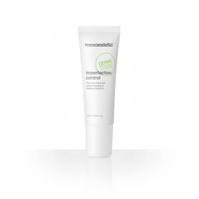 Frasco branco de creme Mesoestetic Imperfection Control com texto e selo verde