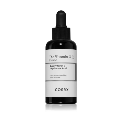 Frasco preto com sérum facial The Vitamin C 23 da COSRX com conta-gotas