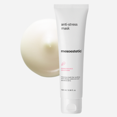 Tubos branco de máscara anti-stress da mesoestetic com texto e textura creme