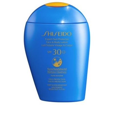 Frasco azul de proteção solar Shiseido com tampa amarela
