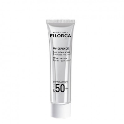 Tubo de creme branco da FILORGA com texto em preto e SPF 50+