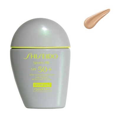 Frasco de protetor solar Shiseido Sports BB SPF 50+ cinzento com texto amarelo claro