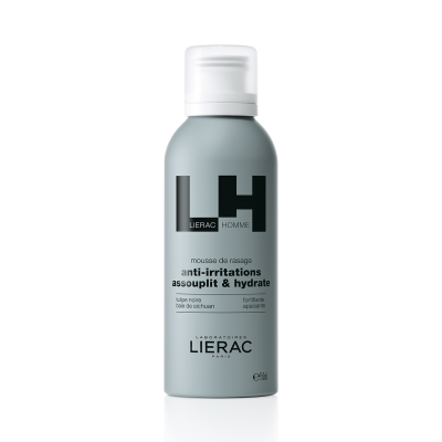 Frasco cinza de mousse de barbear LIERAC HOMME com tampa branca