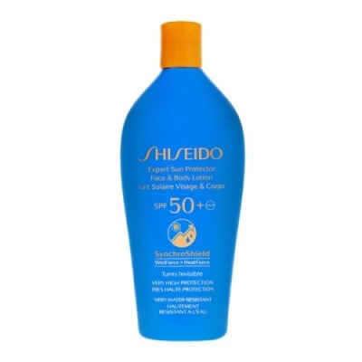 Frasco azul de protetor solar Shiseido com tampa laranja e texto dourado e branco
