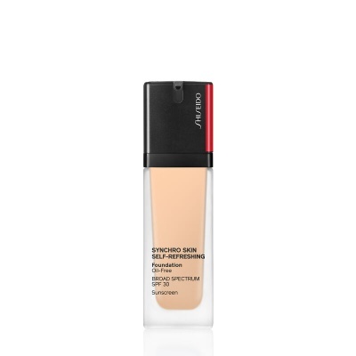 Frasco de base líquida Shiseido Synchro Skin Self-Refreshing com tampa preta e detalhes vermelhos