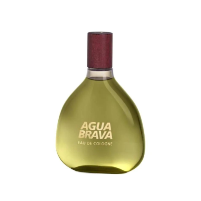 Frasco de perfume Agua Brava em vidro amarelo translúcido com tampa de madeira