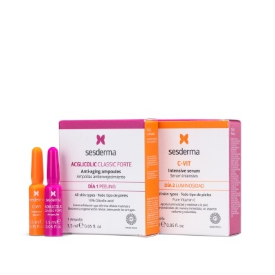 Conjunto de ampolas anti-envelhecimento e serum intensivo Sesderma em embalagens rosa e laranja