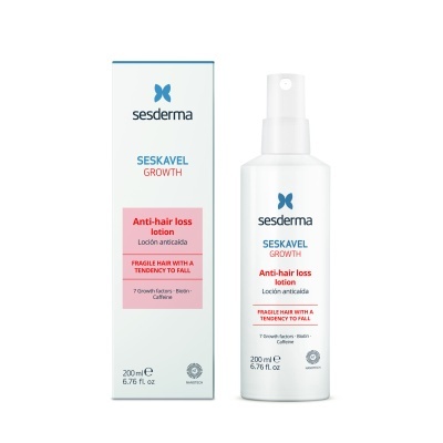 Frasco e caixa do tratamento capilar Sesderma Seskavel Growth anti-queda de cabelo
