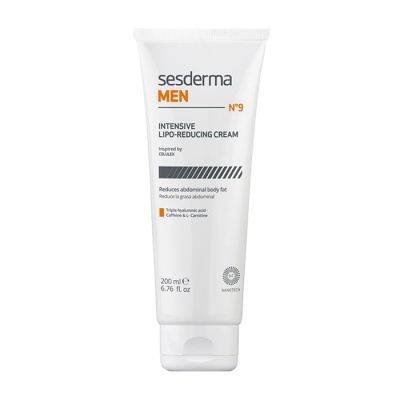 Tubo branco de creme Sesderma MEN N°9 com texto preto e laranja em fundo branco