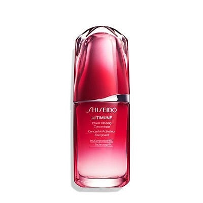 Frasco de cosmético Shiseido Ultimune Power Infusing Concentrate em vidro vermelho e rosa