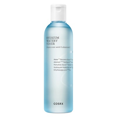 Frasco azul translúcido de toner facial Hydrium Watery da COSRX com texto preto.