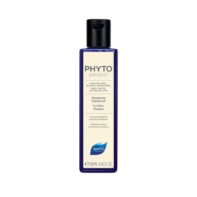 Frasco azul com rótulo creme e texto preto do shampoo PHYTO ARGENT