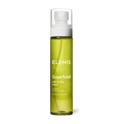 Frasco de spray ELEMIS Superfood Kefir-Tea Mist, líquido verde com tampa branca