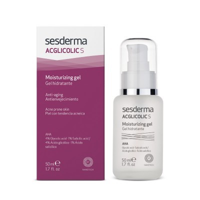 Gel hidratante anti-envelhecimento Sesderma ACGLICOLIC S em frasco branco e embalagem roxa