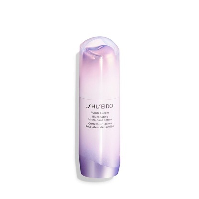 Frasco do sérum iluminador Shiseido branco e lilás com tampa transparente