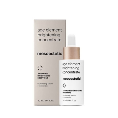 Frasco branco com conta-gotas dourada e embalagem bege de serum iluminador da mesoestetic