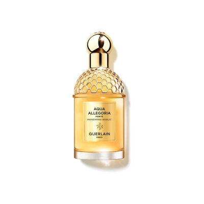 Frasco de perfume Aqua Allegoria da Guerlain com tampa dourada e padrão de favo de mel