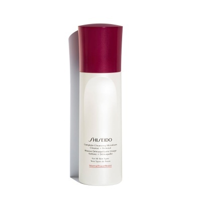 Frasco de limpeza facial Shiseido branco com tampa vermelha