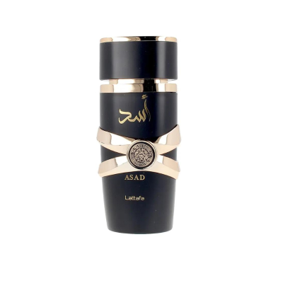 Frasco preto de perfume com detalhes dourados e texto ASAD Lattafa