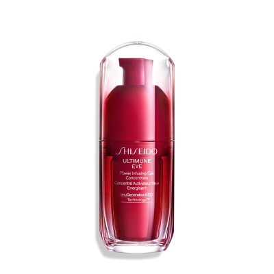 Frasco vermelho de cosmético SHISEIDO ULTIMUNE EYE com tampa transparente