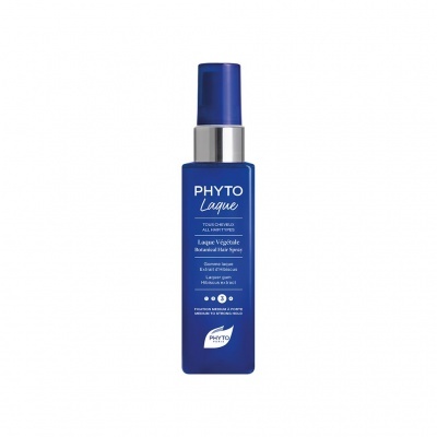 Frasco azul do spray capilar Phyto Laque com texto branco