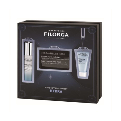 Conjunto Filorga Hydra-Filler Mask com embalagem preta e frascos prateados