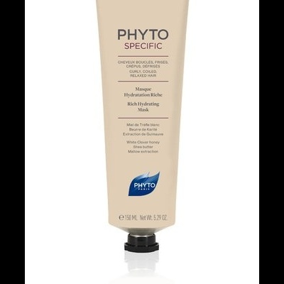frasco bege de máscara hidratante para cabelo Phyto Specific com texto descriptivo