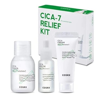 Conjunto de frascos e caixa do kit de cuidados CICA-7 RELIEF KIT da COSRX