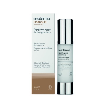 Gel despigmentante Sesderma Hidroquin Whitening 50 ml com embalagem branca e castanha