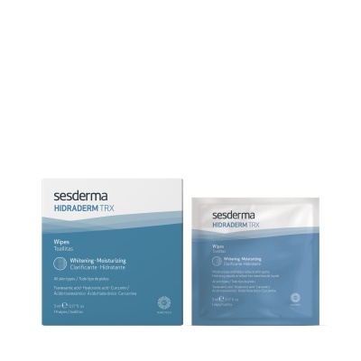 Pack de lenços hidratantes e branqueadores SESDERMA HIDRADERM TRX em embalagem branca e azul claro