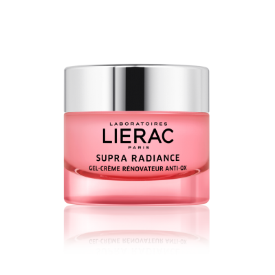 Frasco rosa de creme Lierac Supra Radiance com tampa prateada