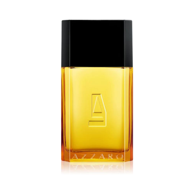 Frasco de perfume Azzaro em vidro amarelo com tampa preta
