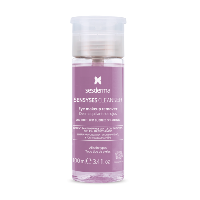 Frasco transparente com líquido cor de rosa de removedor de maquilhagem da Sesderma