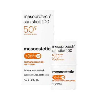 Protetor solar mesoprotech sun stick 100 em embalagem branca com texto preto e laranja