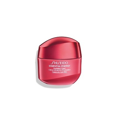Frasco vermelho metálico de creme hidratante Shiseido Essential Energy