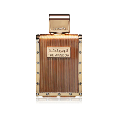 Frasco dourado de perfume The Kingdom da Lettafa com detalhes em cristais