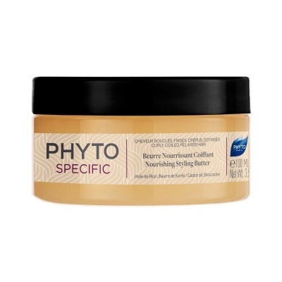 Pote plástico de creme para cabelo PHYTO SPECIFIC com tampa preta e etiqueta bege.