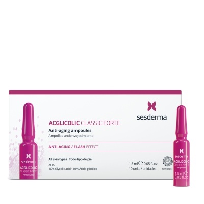 Ampolas anti-envelhecimento SESDERMA ACGlicolic Classic Forte em embalagem branca e rosa