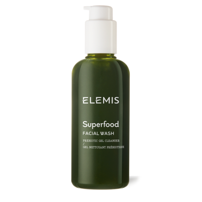 Frasco verde escuro com pump branco ELEMIS Superfood Facial Wash
