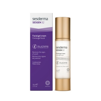 Frasco de creme facial Sesderma SESGEN 32 junto com caixa roxa e branca