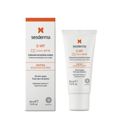 Tubo e caixa do creme corretor com cor Sesderma C-VIT CC Cream SPF 15