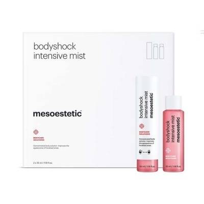 Conjunto bodyshock intensive mist da mesoestetic com duas embalagens spray e caixa branca