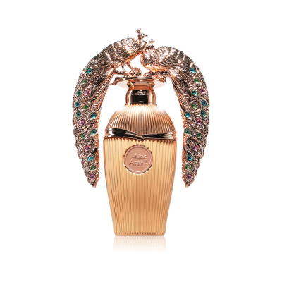 Frasco de perfume dourado com tampa decorada com pavões coloridos