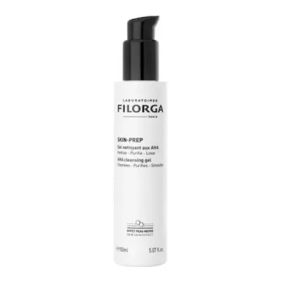 Frasco branco com tampa de bomba preta e texto preto do gel de limpeza facial FILORGA SKIN-PREP.