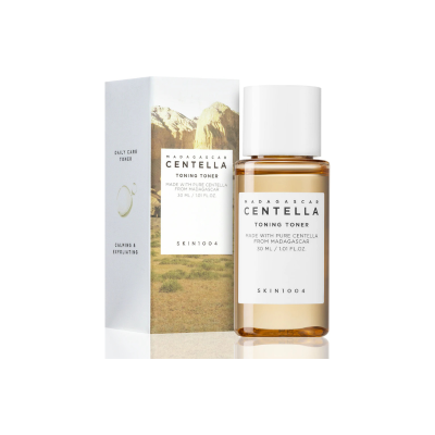 Frasco de tónico facial Madagascar Centella com caixa ao lado