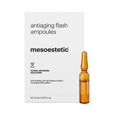Caixa branca e ampola âmbar do produto antiaging flash ampoules da mesoestetic