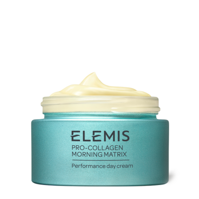 Pote azul turquesa com creme amarelo claro e texto preto ELEmis PRO-COLLAGEN MORNING MATRIX