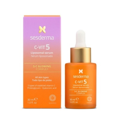 Frasco e embalagem laranja e roxa do sérum lipossomal Sesderma C-VIT 5