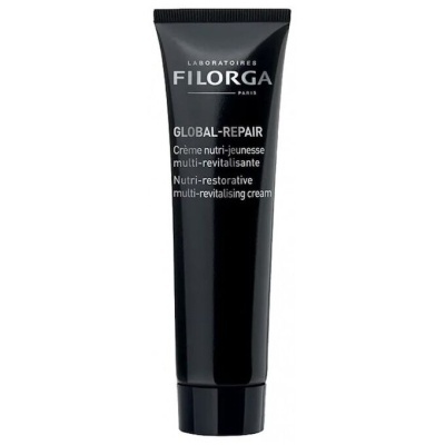 Frasco preto de creme facial Filorga Global-Repair com texto branco