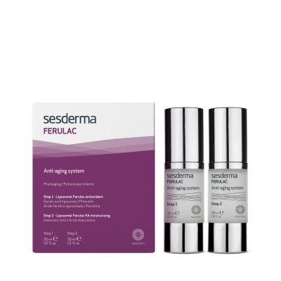 Conjunto de dois frascos prateados de sérum anti-envelhecimento Sesderma Ferulac com caixa branca e roxa
